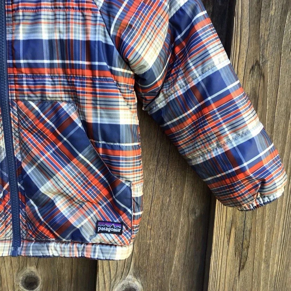 Patagonia Reversible Fleece Hooded Jacket Kids Plaid Blue Youth Toddler